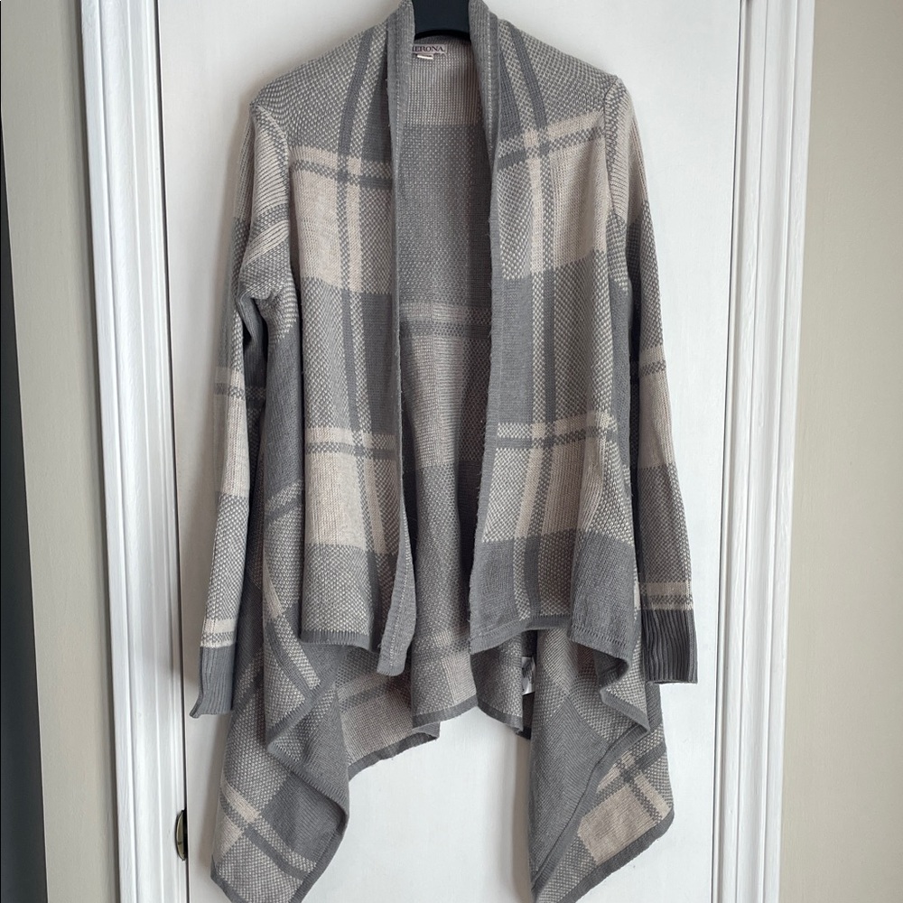 Merona Gray and Cream Windowpane Open-Front Waterfall Cardigan XS